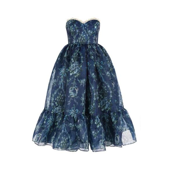 SELKIE The Cassiopeia French Corset Puff Dress Blue Organza Midi M - Picture 1 of 3